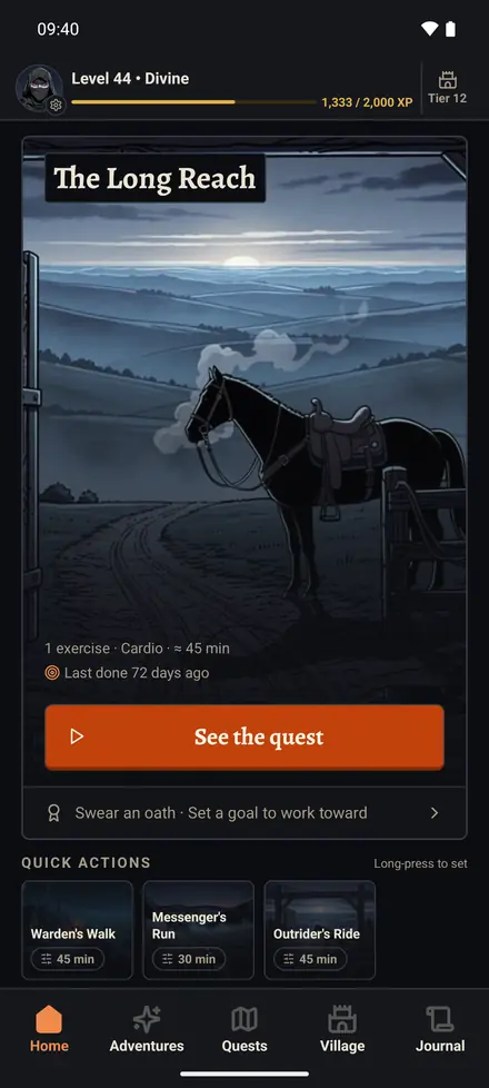 Home screen: the next session with its quest cover and a single button