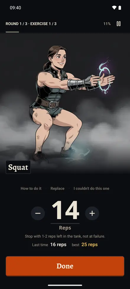 Mid-session: one exercise, a rep counter and a done button