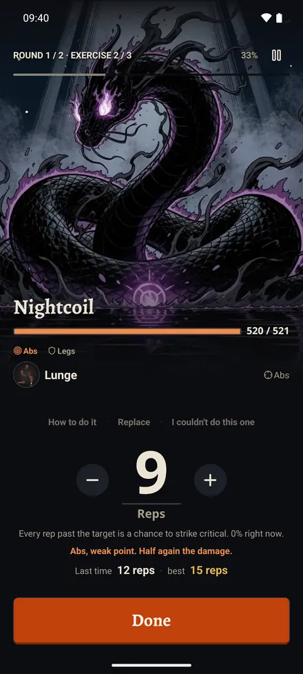 Boss fight: the boss illustration above a health bar and the rep counter