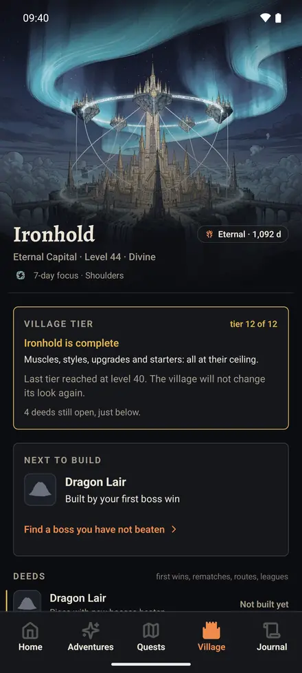 The village screen: buildings raised by past sessions